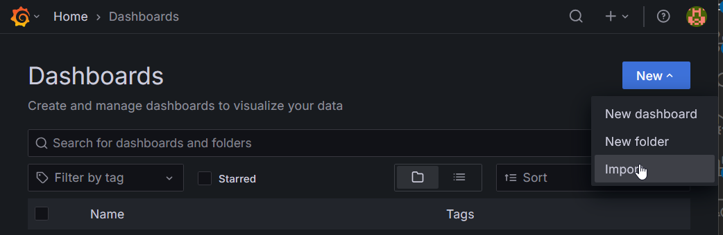 Menu d'import d'un dashboard